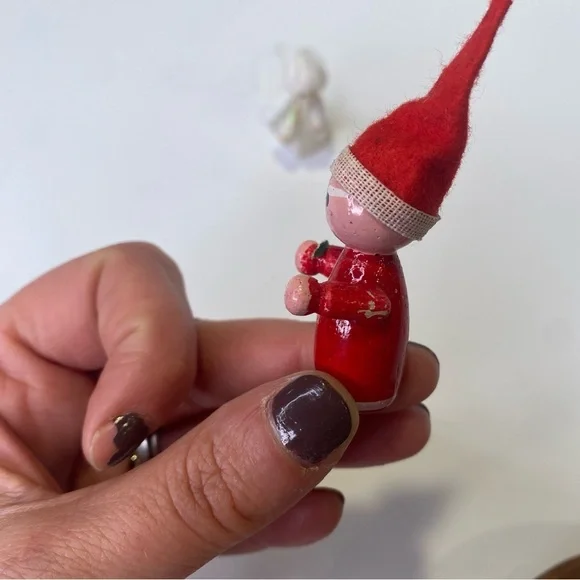 Group of 7 Tiny Ornaments Wooden Hand Painted Made in Japan Red Angels Monkey